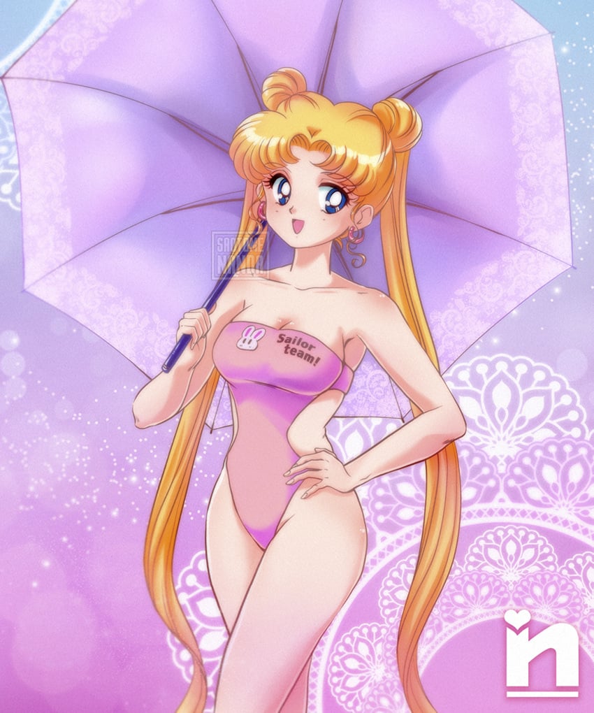 1girls big_breasts bishoujo_senshi_sailor_moon blonde_hair blue_eyes breasts busty cleavage double_bun female female_only hair_bun hand_on_hip highres large_breasts legs leotard long_hair looking_at_viewer one-piece_swimsuit open_mouth race_queen saotome_nanda small_breasts smile solo swimsuit thighs twintails umbrella usagi_tsukino watermark