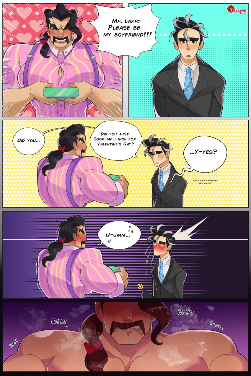 2023 2boys bara before_sex big_muscles big_pecs black_hair blush button_down_shirt closed_eyes clothed clothing comic comic_page digital_media_(artwork) dress_shirt erect erection erection_under_clothes erection_under_clothing facial_hair fully_clothed gay glowing_eyes hard_on larry_(pokemon) long_hair male male/male male_focus male_only moaning moustache mr._saguaro muscles muscular muscular_male pokemon pokemon_(game) pokemon_sv pokemon_trainer ponytail shirt small_waist smaller_male steam streaked_hair suggestive suspenders teacher text text_box tight_clothing tight_shirt white_hair yaoi yozorac1