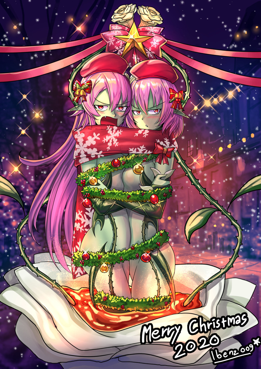 2girls alraune_(existence) blush blushing christmas christmas_night christmas_outfit christmas_tree embarrassed european_mythology existence flower forest fused fusion green_skin hat hug ibenz009 jungle legs_mended legs_together liliraune_(monster_girl_encyclopedia) long_hair merged merging merry_christmas monster_girl monster_girl_encyclopedia mythology nectar night pink_hair plant_girl plant_transformation post_transformation purple_hair red_hat snow snowing symmetrical_docking turned_on vines white_flower wrapped wrapped_together wrapped_up