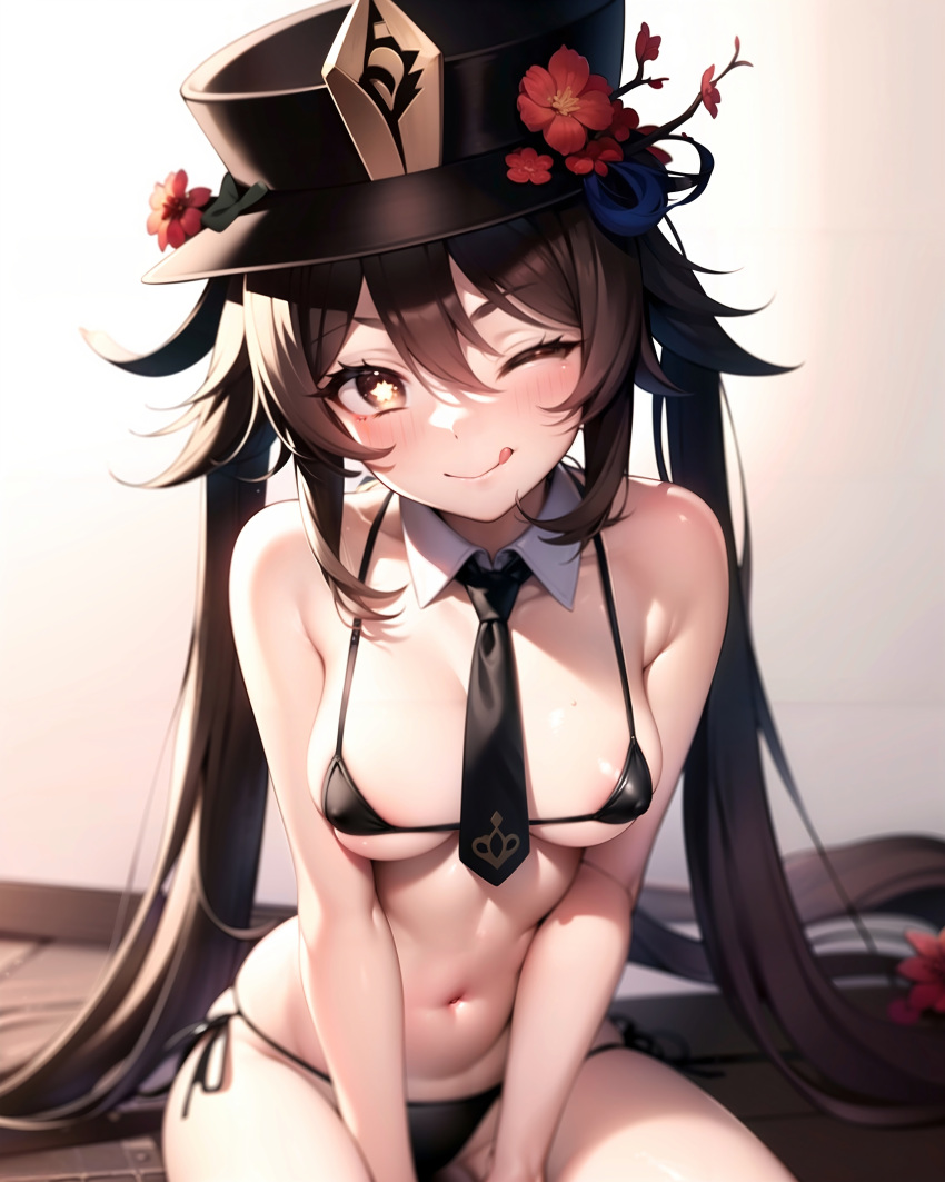 ai_generated areola_slip bangs bare_arms bare_shoulders bikini black_bikini black_headwear black_necktie blush breasts brown_eyes brown_hair collarbone detached_collar female flower flower-shaped_pupils genshin_impact hair_between_eyes hat hat_flower hu_tao_(genshin_impact) long_hair looking_at_viewer medium_breasts micro_bikini navel necktie one_eye_closed plum_blossoms red_flower short_necktie side-tie_bikini_bottom sitting small_breasts smile solo stable_diffusion star-shaped_pupils stlow7 stomach string_bikini swimsuit symbol-shaped_pupils thighs twintails very_long_hair