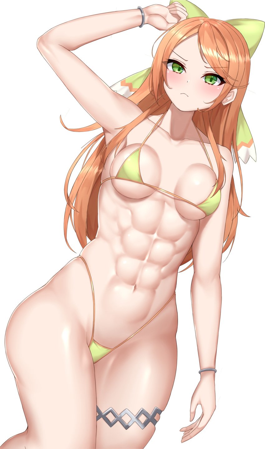 1girls abs alternate_costume armpits bare_arms bare_shoulders bare_thighs bikini breasts collarbone etie_(fire_emblem) female female_only fire_emblem fire_emblem_engage frown green_bikini green_eyes green_swimsuit long_hair looking_at_viewer medium_breasts nintendo orange_hair revealing_clothes sharen shoulders sideboob skindentation solo swimsuit thick_thighs thighs tomboy toned toned_abs toned_female underboob white_background