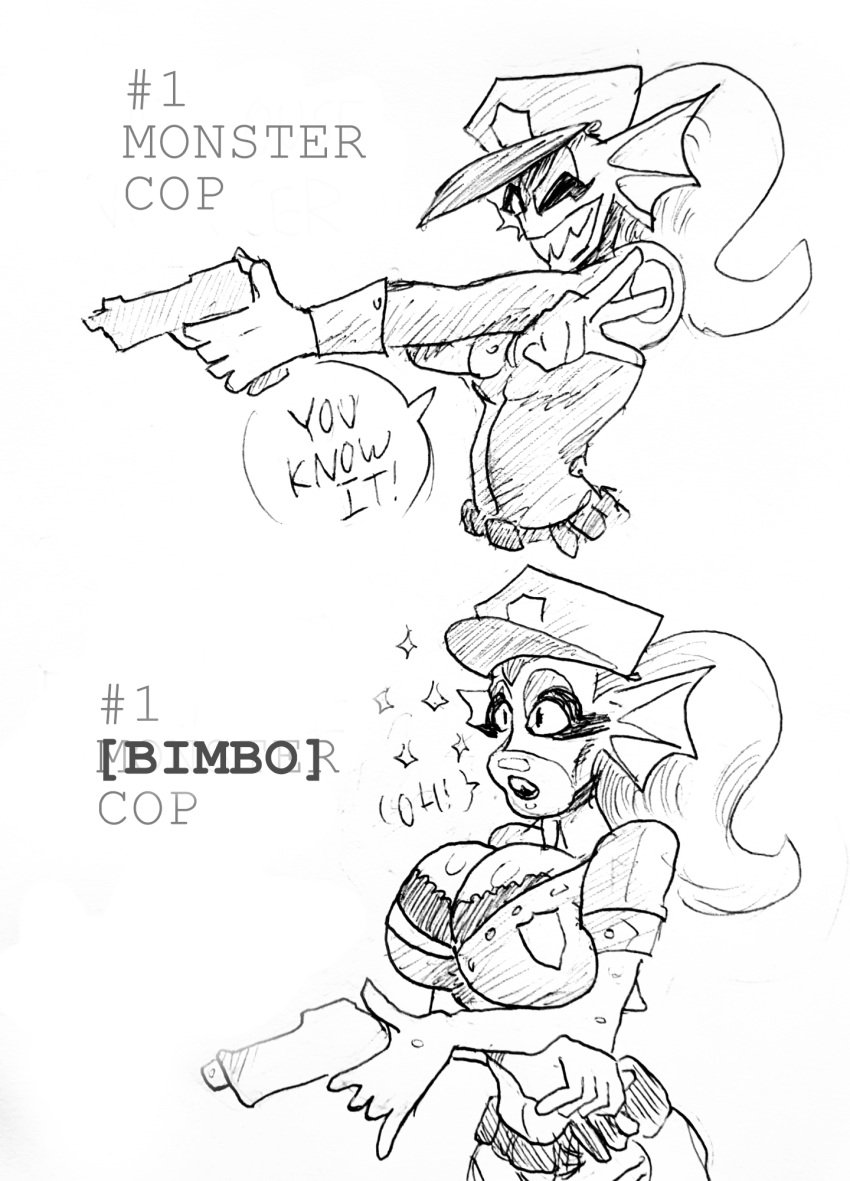 1girls big_lips bimbo bimbofication clothed clothing cop deltarune dialogue female female_only gun huge_lips police police_hat police_officer police_uniform policewoman putricia speech_bubble text transformation undertale undertale_(series) undyne undyne_(deltarune)