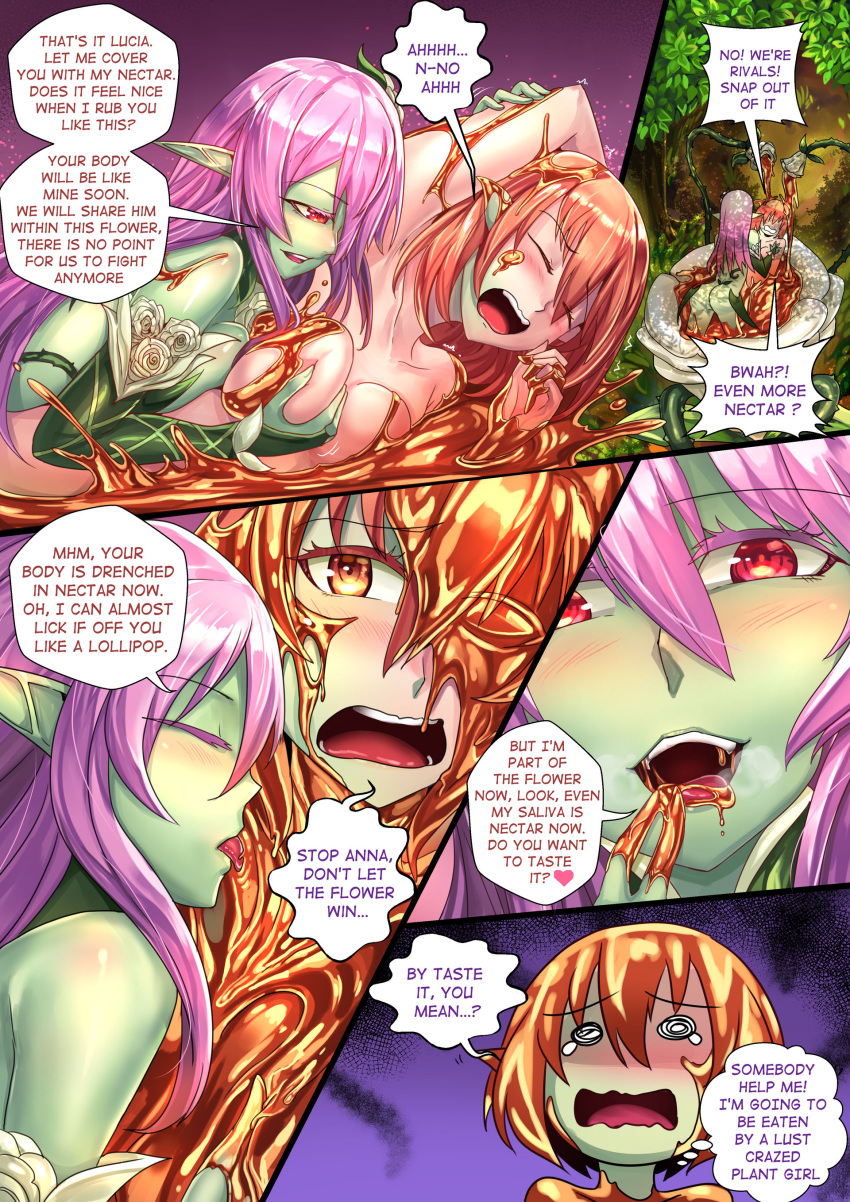 2girls ass blush breast_grab comic_page fused fusion green_skin ibenz009 kissing liliraune_(monster_girl_encyclopedia) long_hair medium_breasts merged merging monster_girl_encyclopedia nectar nude plant_girl plant_transformation purple_hair red_hair transformation yuri