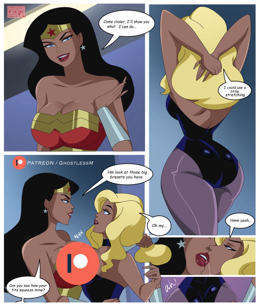 accurate_art_style amazon ass athletic_female big_ass big_breasts black_canary black_hair blonde_hair blue_eyes censored cleavage comic dc_comics dcau demigoddess diana_prince dinah_lance english_text ghostlessm grabbing_ass heroine hourglass_figure justice_league justice_league_unlimited long_black_hair long_blonde_hair long_hair metahuman patreon_logo patreon_logo_censor patreon_url princess speech_bubble star_earrings superheroine text themysciran thick_ass thick_thighs watermark wide_hips wonder_woman wonder_woman_(series) yuri