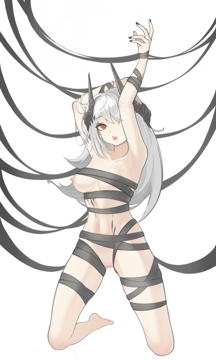 absurdres arknights armpits arms_up ass_visible_through_thighs bangs barefoot black_nails black_ribbon breasts collarbone female full_body grey_hair highres horns kneeling long_hair looking_at_viewer medium_breasts moyu_(user_fdkc7273) mudrock_(arknights) nail naked_ribbon navel nipples nude one_breast_out open_mouth oripathy_lesion_(arknights) pussy red_eyes ribbon solo stomach tongue tongue_out uncensored