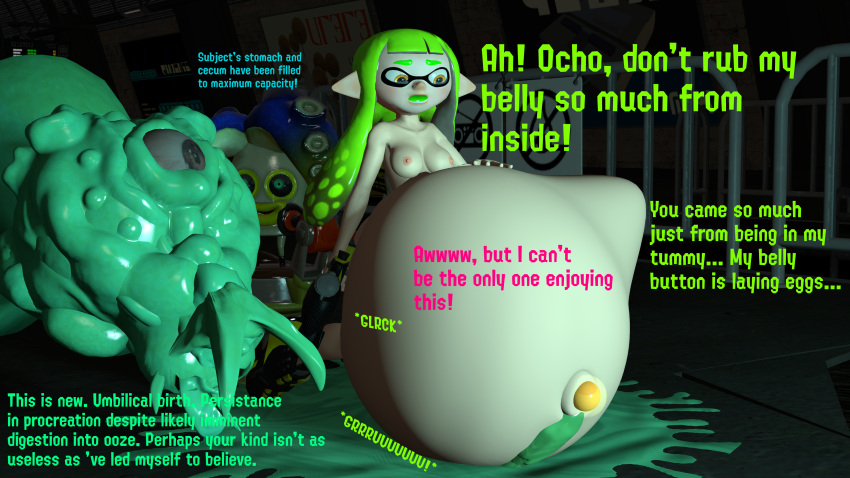 3d agent_3_(splatoon) agent_8_(splatoon) belly_button big_belly bloated_belly captain_(splatoon_3) commander_tartar crying dialogue green_hair hyper_belly inflation inkling inkling_girl mutant navel_birth octarian one_eye_closed orange_eyes outie_navel sfm source_filmmaker splatoon stomach_bulge tears unwilling_pred vore