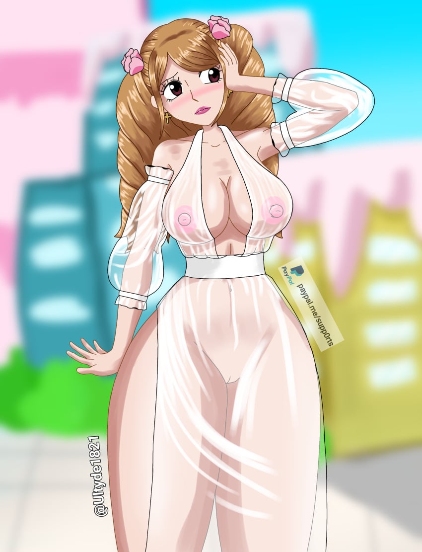 big_ass big_breasts big_butt big_nipples black_eyes breasts brown_hair charlotte_pudding exhibitionism female female_only long_hair nipples one_piece pussy pussy_juice streaking transparent_clothing ultyde wedding_dress whole_cake_island