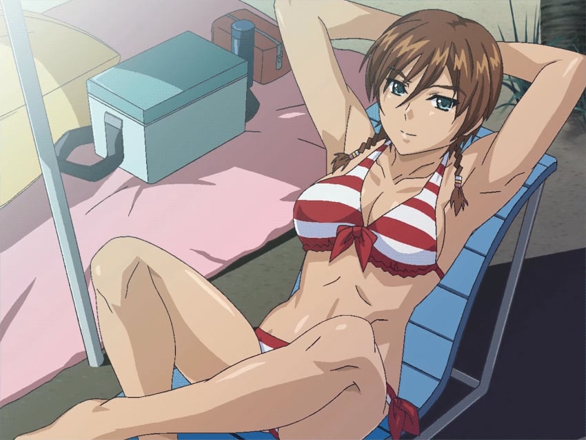 1girls armpits arms_behind_head beach big_breasts bikini braid breasts brown_hair busty cleavage crossed_legs feet female female_only game_cg green_eyes highres kuouzumiaiginsusutakeizumonokamimeichoujin_mika large_breasts legs looking_at_viewer pose posing resort_boin sensual sexy_armpits short_hair sitting smile solo stitched swimsuit tan thighs towel twin_braids voluptuous