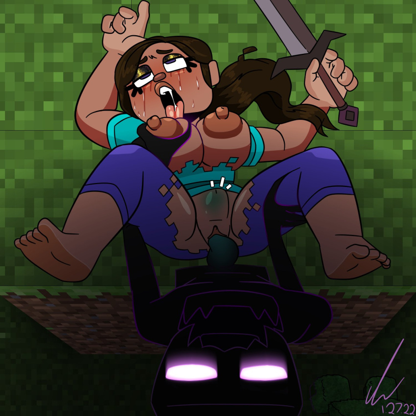 1boy 1boy1girl 1girls areolae belly_bulge big_lips black_body breasts clothed clothing dark-skinned_female dark_skin enderman eyelashes eyeliner feet female grabbing grabbing_breast hair hand_on_breast hand_on_thigh holding_object holding_weapon male minecraft nipples on_back open_mouth outside pants penetration pierump ripped_clothing ripped_pants ripped_shirt rule_63 saliva sex shirt steve_(minecraft) straight sweat sword tears tongue tongue_out torn_clothes torn_clothing vagina vaginal_penetration vaginal_sex