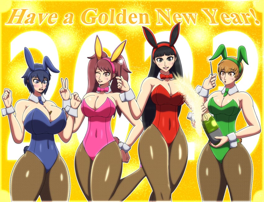 amagi_yukiko black_hair blue_hair bunny_ears bunnysuit champagne justjake kujikawa_rise new_year persona persona_4 satonaka_chie shirogane_naoto