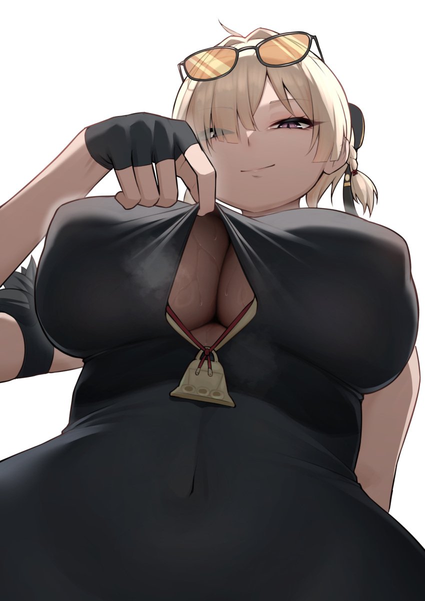 absurdres ahoge arm_behind_back black_dress black_gloves blush breasts china_dress chinese_clothes cleavage cleavage_cutout clothes_lift clothing_cutout commentary_request dress dress_lift eyes_visible_through_hair eyewear_on_head female fingerless_gloves gloves gold_trim hair_over_one_eye highres huge_breasts long_hair looking_at_viewer mikage_77777 pelvic_curtain purple_eyes round_eyewear short_twintails side_slit simple_background smile solo steam sweat sweety_(zenless_zone_zero) thigh_strap thighs tinted_eyewear twintails white_background white_hair zenless_zone_zero