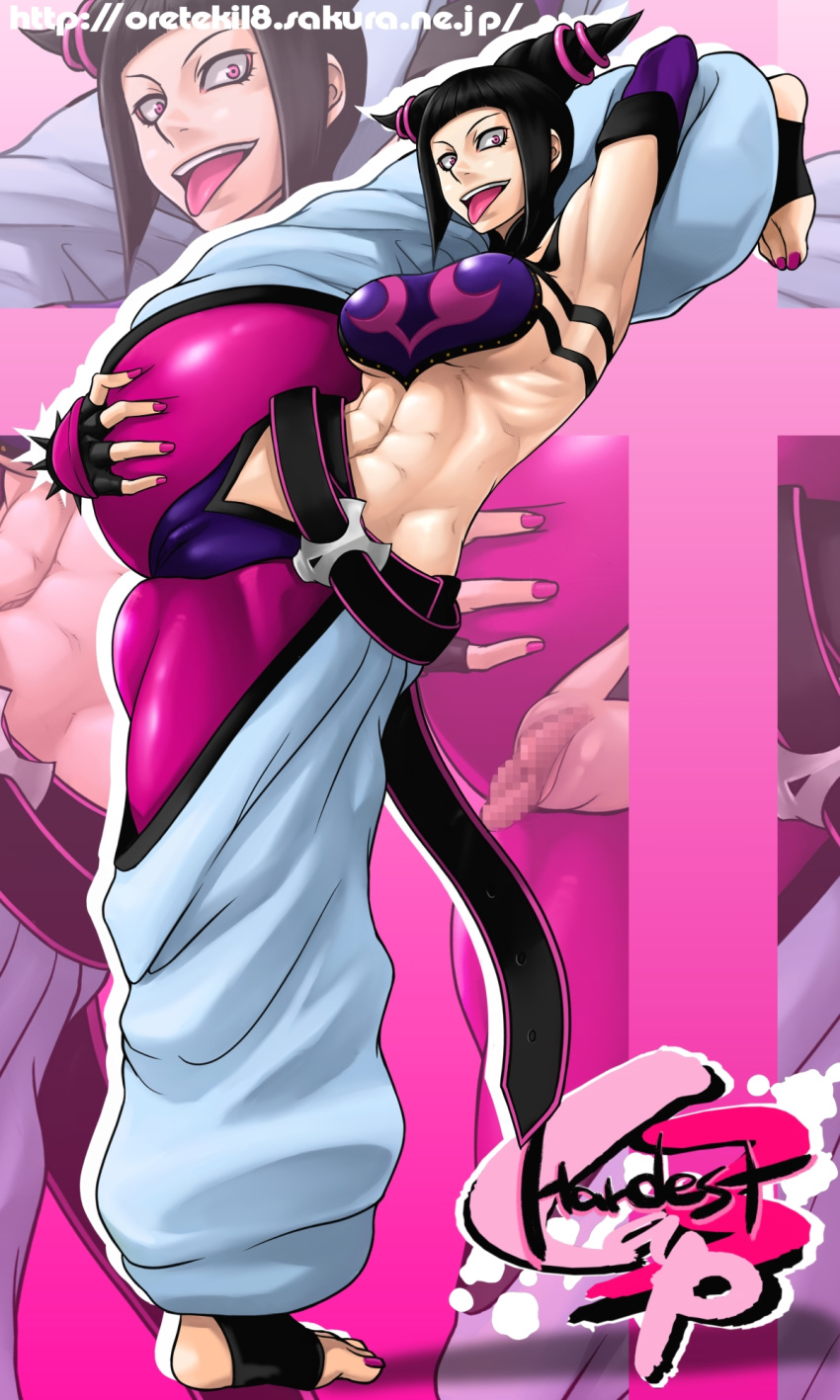 abs baggy_pants barefoot belt black_hair capcom censored elbow_gloves female female_only fingerless_gloves gloves highres human juri_han leg_up no_bra open_mouth oreteki pink_toenails purple_eyes pussy short_hair solo straight_hair street_fighter street_fighter_iv super_street_fighter_iv tongue