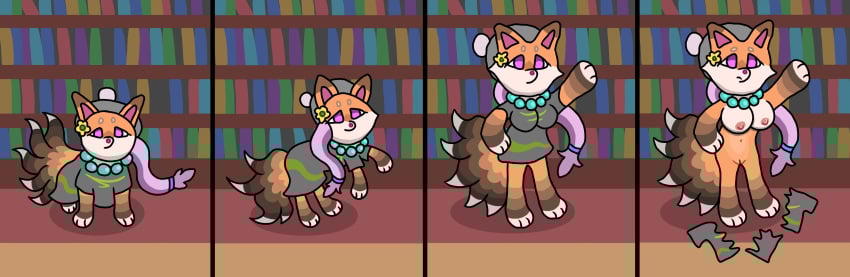 absurd_res anthro book breasts canid canine clothing felidflora female feral flower forest fox hair hat headgear headwear hi_res jewelry library magic mammal necklace plant shirt solo topwear transformation tree viva_vixen