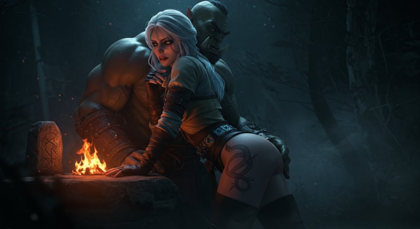 ai_generated ass butt ciri cirilla_fiona_elen_riannon dark-skinned_male dark_skin female green-skinned_male green_skin human human_female leshay7 light-skinned_female light_skin male male/female muscular muscular_male night orc orc_male outdoors teasing the_witcher_(series) the_witcher_3:_wild_hunt thighs touching_ass