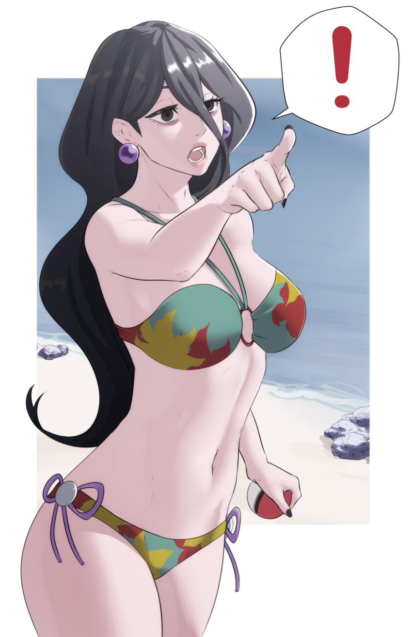 ! 1girls absurdres armpits bags_under_eyes bare_arms bare_shoulders bare_thighs beach bikini black_eyes black_hair black_nails breasts collarbone cosplay earrings female female_only green_bikini green_swimsuit hair_between_eyes hex_maniac hex_maniac_(pokemon) hex_maniac_(pokemon_legends:_z-a) hex_maniac_(z-a) highres holding holding_poke_ball jewelry long_hair medium_breasts multicolored_bikini nail_polish navel o-ring o-ring_bikini ocean outdoors pointing poke_ball pokemon pokemon_legends:_z-a pokemon_swsh pomelomelon rock sand solo spoken_exclamation_mark standing stomach swimmer_(pokemon) swimmer_(pokemon)_(cosplay) swimsuit thighs very_long_hair