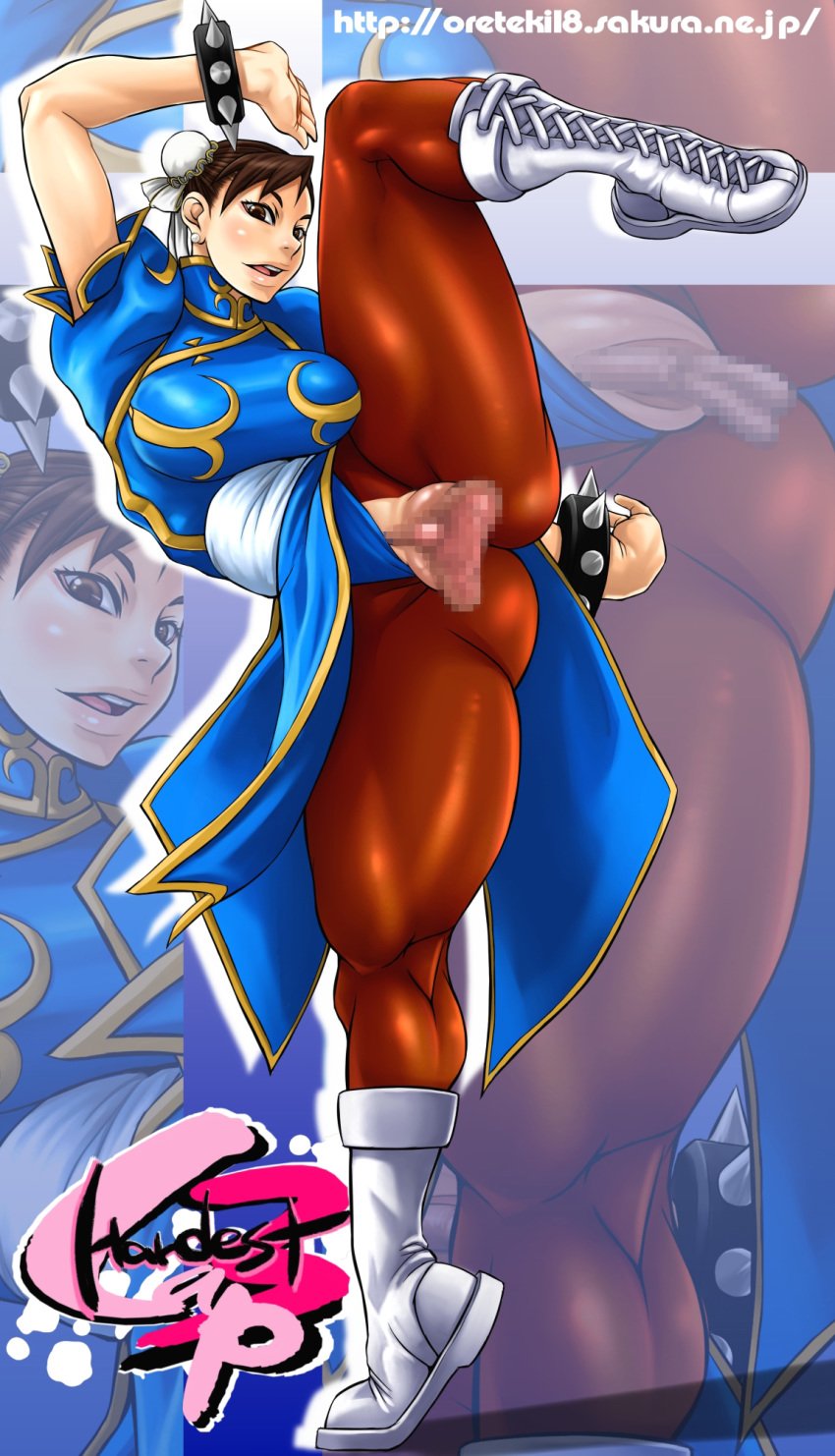 bracelet breasts brown_eyes brown_hair capcom censored china_dress chinese_clothes chun-li double_bun earrings female female_only highres huge_breasts human jewelry oreteki pantyhose pussy solo spiked_bracelet spikes straight_hair street_fighter