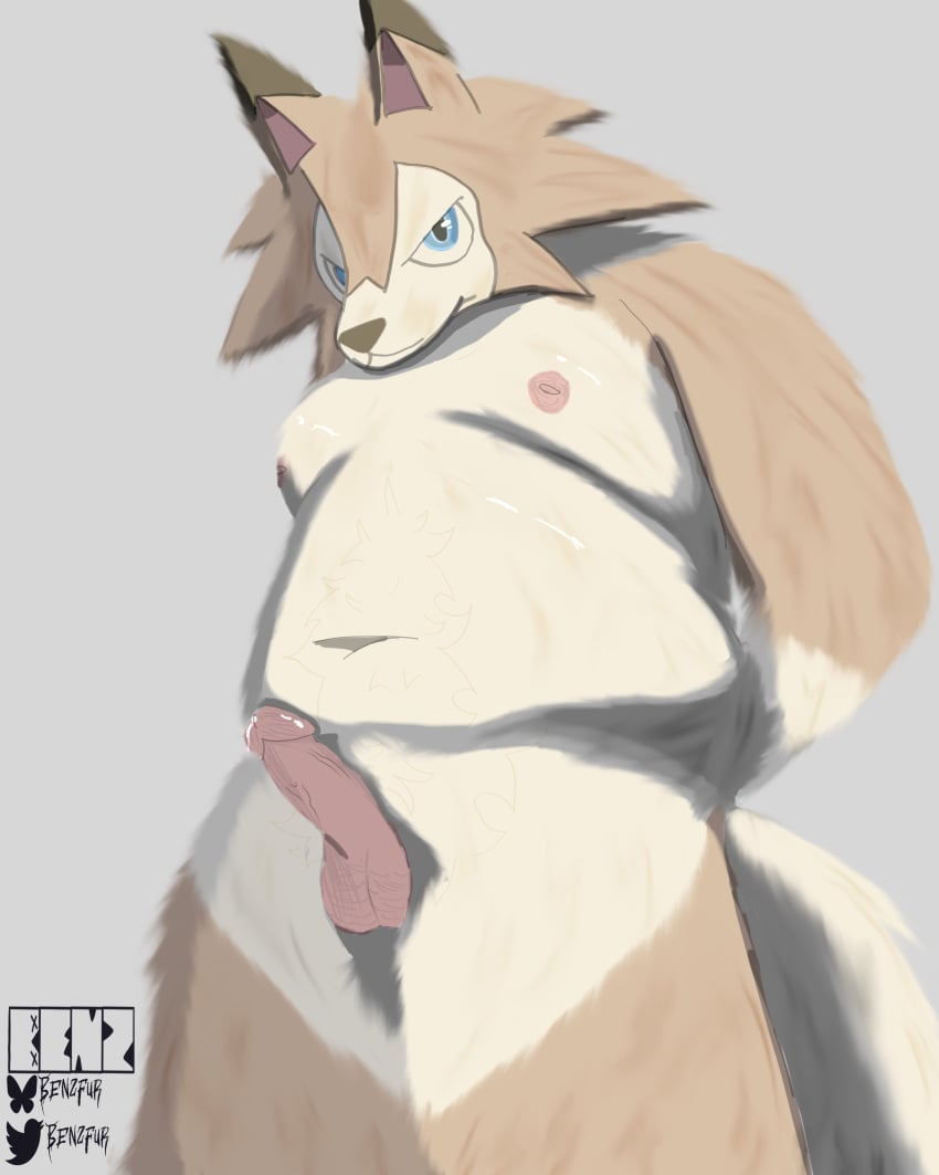 absurd_res anthro balls benzfur blue_eyes bodily_fluids brown_body brown_fur erection fur generation_7_pokemon genital_fluids genitals grey_background hands_behind_back hi_res looking_at_viewer lycanroc male midday_lycanroc navel nintendo nipples nude nude_male penis pokemon pokemon_(species) precum simple_background slightly_chubby slightly_chubby_male solo tail