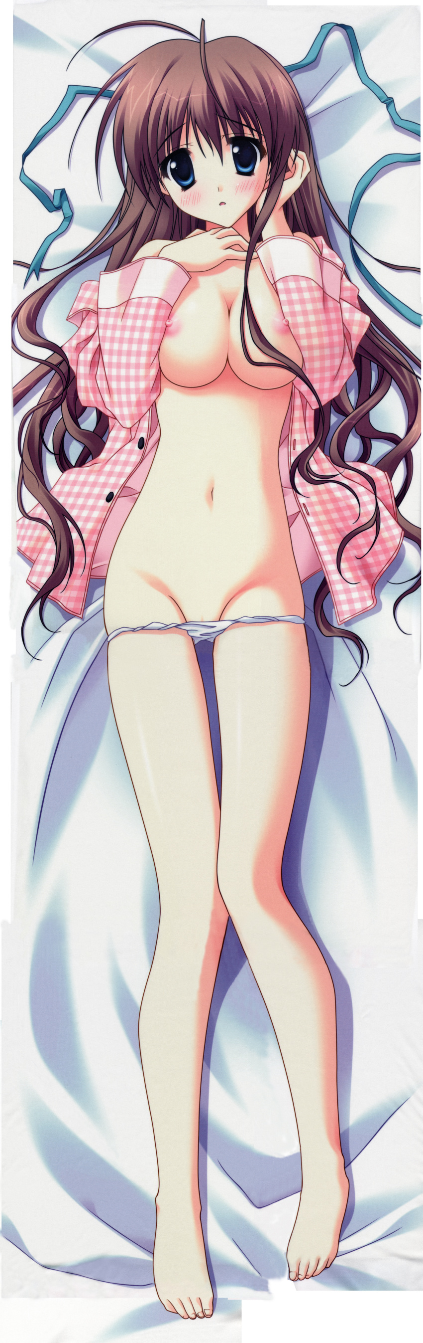 1girls akane-iro_ni_somaru_saka barefoot bed blue_eyes blush breasts brown_hair checkered cleavage dakimakura female high_resolution long_hair long_image lying nagase_minato nipples on_back open_clothes open_shirt pajamas panties ribbon ryohka ryouka_(suzuya) shirt solo tall_image uncensored underwear very_long_hair