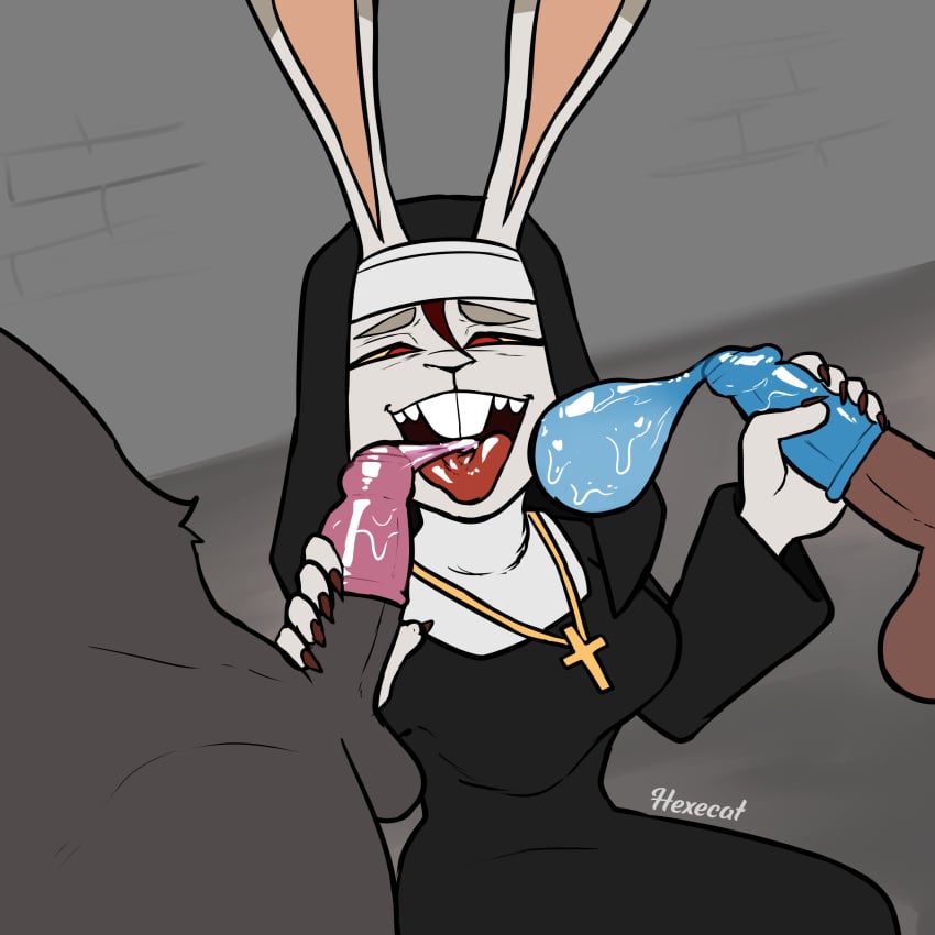 1:1 absurd_res anthro clothing condom faceless_character faceless_male fan_character female filled_condom group hair hexecat hi_res lagomorph leporid male male/female mammal neck_bulge nun nun_habit nun_outfit open_mouth oral outside rabbit red_hair religious_clothing sexual_barrier_device trio