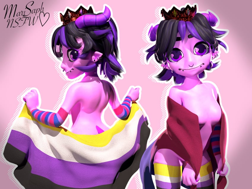 arm_warmers bisexual_pride_colors black_hair crown demon demon_horns demon_tail flag horns jellybean_(mcyt) jellybean_(youtuber) marisaphnsfw nonbinary nonbinary_pride_colors piercings pink_skin pngtuber pride_colors pride_month purple_eyes purple_hair tail thighhighs twitch twitch.tv youtube youtuber