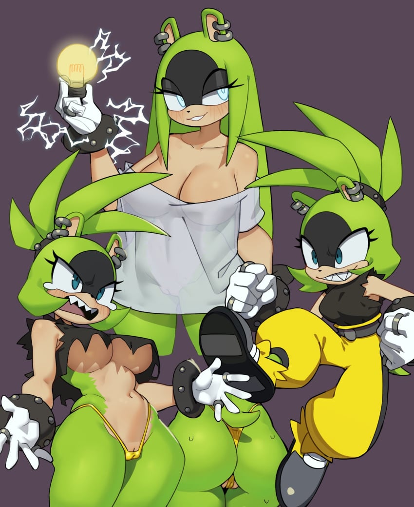 anthro ass blue_eyes breasts cameltoe casual clothing ear_piercing exposed_torso female flowerpigeon73 footwear green_body green_hair hair handwear hi_res idw_comics idw_publishing mammal mobian_(species) multiple_views piercing sega shoes simple_background solo sonic_(series) sonic_the_hedgehog_(comics) sonic_the_hedgehog_(idw) sonic_the_hedgehog_(series) surge_the_tenrec tenrec thong wristwear