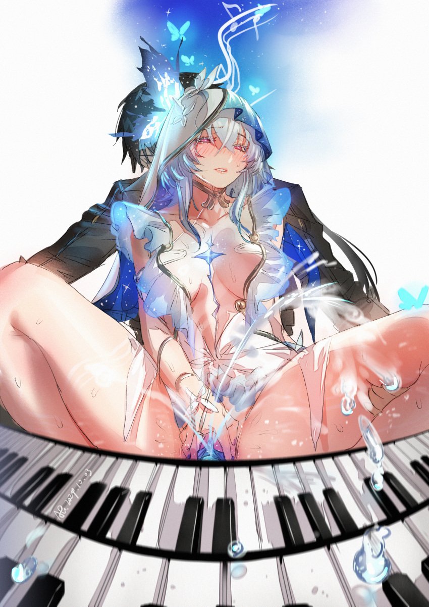 1boy 1girls agaver blush curvy_figure highres male_rover_(wuthering_waves) masturbating orgasm piano playing_piano rover_(wuthering_waves) squirting straight sweat the_shorekeeper_(wuthering_waves) wuthering_waves