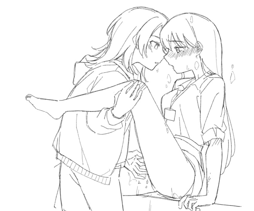 2girls bang_dream! bang_dream!_it's_mygo!!!!! barefoot between_legs blush breath clothes_lift ear_blush female fingering greyscale highres jacket jenjen lanyard long_hair looking_at_another mole mole_under_eye monochrome multiple_girls open_mouth pussy_juice shiina_taki skirt skirt_lift sleeves_rolled_up smile yahata_umiri yuri
