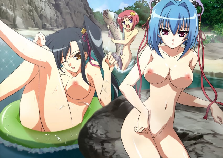 3girls black_hair blue_hair breasts brown_eyes chou'un_shiryuu chouhi_yokutoku female fish kan'u_unchou_(koihime) koihime†_(series) koihime_musou multiple_girls nude nude_filter photoshop pussy red_eyes red_hair rock uncensored violet_eyes water