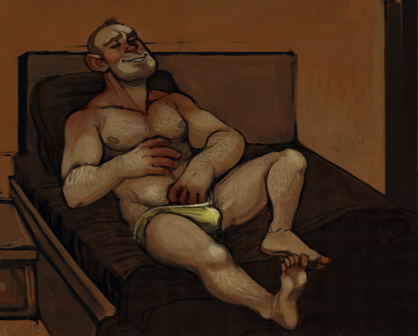 1boy bulge closed_eyes engineer erect_nipples erection_under_clothes male male_only masturbating_under_clothes masturbation mostly_nude no_visible_genitalia on_bed pleasure_face prawnsy solo team_fortress_2 underwear underwear_down underwear_only