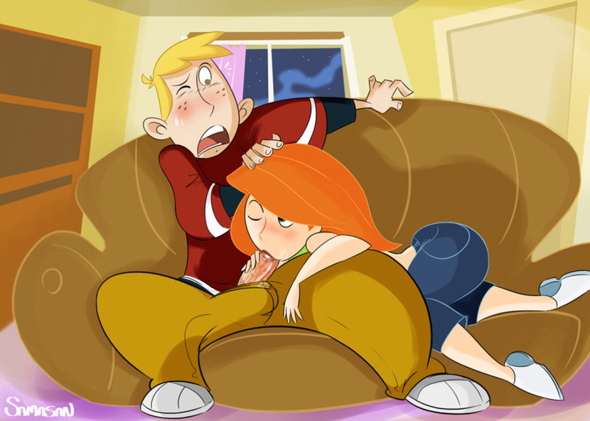 1boy 1girls alternate_version_at_source alternate_version_available artist_name artist_signature blowjob blush canon_couple clothed_sex clothing continuation couch couch_sex disney disney_channel female hand_on_head kim_possible kimberly_ann_possible living_room male oral oral_sex penis penis_in_mouth penis_out ron_stoppable samasan sex straight