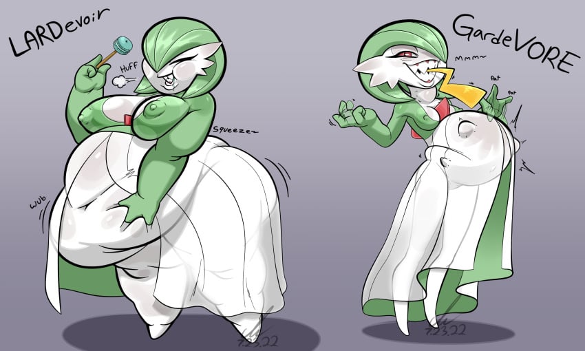 2girls belly belly_bulge big_belly breasts eating fat food gardevoir macaron overweight pierump pokemon pokemon_(species) sharp_teeth vore