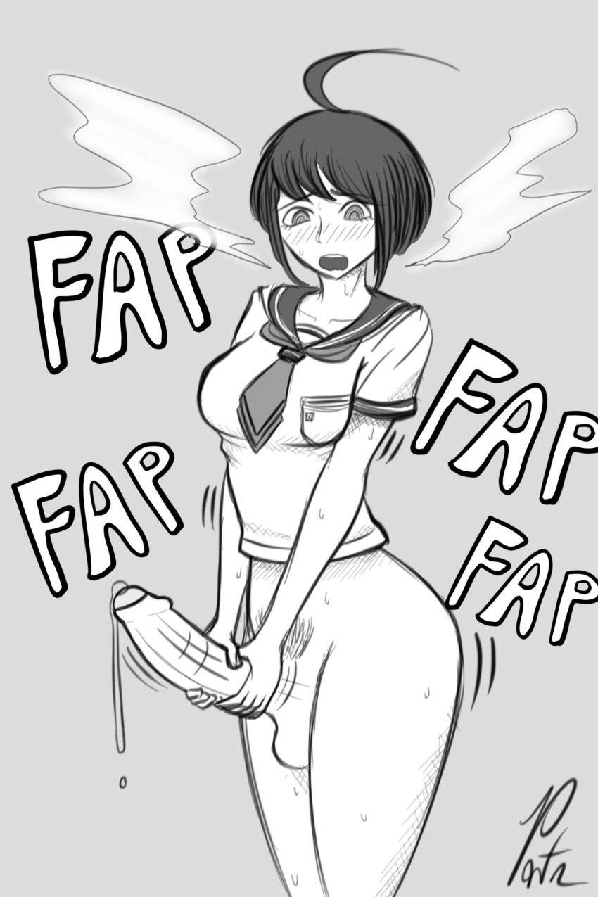 1futa ahoge balls big_penis black_hair blush bottomless breasts clothed clothed_female clothing cum danganronpa erection futa_only futanari human light-skinned_futanari light_skin masturbation naegi_komaru partially_clothed partially_retracted_foreskin penis pontapon precum short_hair solo standing straight_hair thick_thighs two-handed_masturbation uncut wide_hips