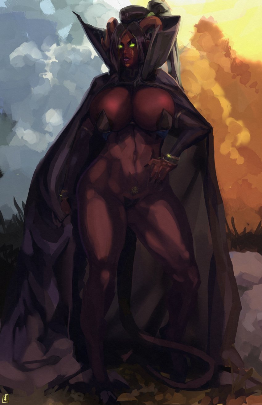 abs cape demon demon_girl eraanthe eraanthe_(eraanthe) eredar female glowing_eyes glowing_tattoo hedon huge_breasts huge_thighs lips muscular muscular_female ponytail red_skin tail warcraft