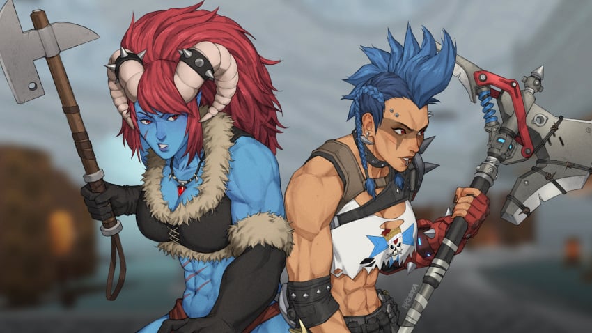 2girls abs angry blue_hair blue_skin braid breikka collar demon female fur gloves hedon human_female junker_queen light-skinned_female light_skin muscular muscular_female nonude overwatch piercing piercings red_hair spiked_collar spikes zan_(hedon)