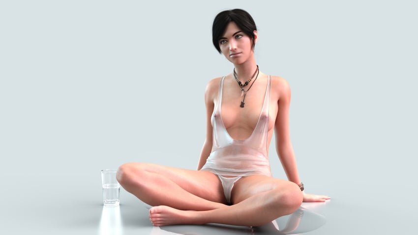 3d 3dx black_hair cgi cute digital_media_(artwork) green_eyes minimalist_background nipple_bulge nipples_visible_through_clothing original_character puddle pussy_through_clothing sakirah sakirah_rodaun see-through_panties see-through_shirt seethrough_clothing sitting sitting_on_floor t-shirt tshirt wallpaper water wet_clothes wet_panties white_background