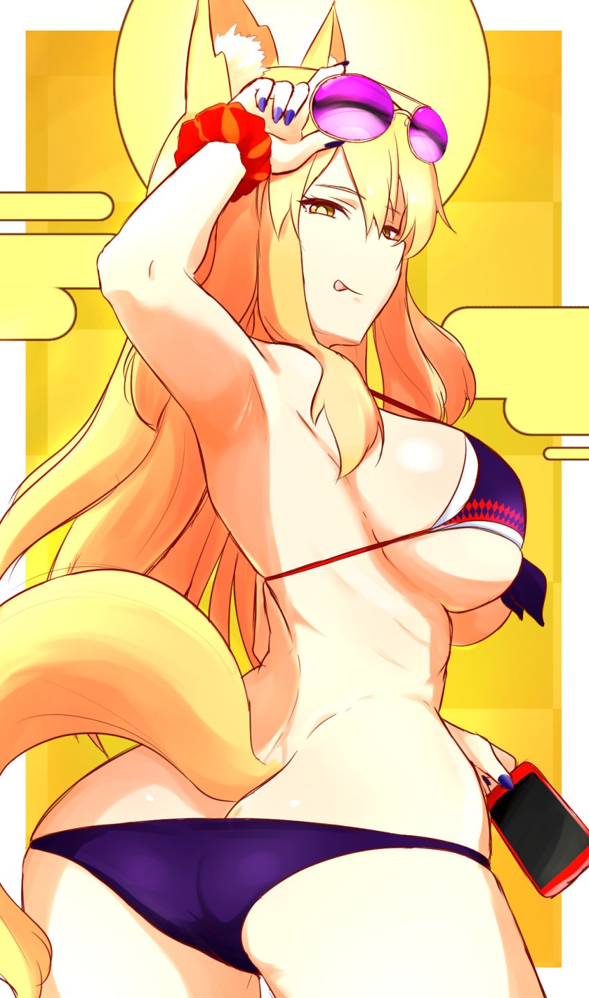 1girls animal_ears armpits big_ass big_breasts bikini blonde_hair donutman fate/extra_ccc fate/grand_order fate_(series) female female_only fox_girl glasses light-skinned_female light_skin solo sunglasses sunglasses_on_head suzuka_gozen_(fate) tagme tail