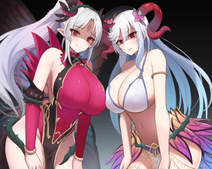 2girls alternate_costume asymmetrical_docking bare_midriff bare_thighs bikini breast_press breasts cleavage covered_navel eyes_in_shadow fairy fairy_wings female female_only femsub fire_emblem fire_emblem_heroes flower freyja_(fire_emblem) grey_hair grin hair_flower horns huge_breasts hypnosis leaning_forward leotard long_hair looking_at_viewer midriff mind_control multicolored_hair multiple_girls multiple_subs navel nintendo nkksyu official_alternate_costume pelvic_curtain plumeria_(fire_emblem) pointy_ears ponytail red_eyes sideboob smile swimsuit thick_thighs thighs very_long_hair white_bikini white_swimsuit wings