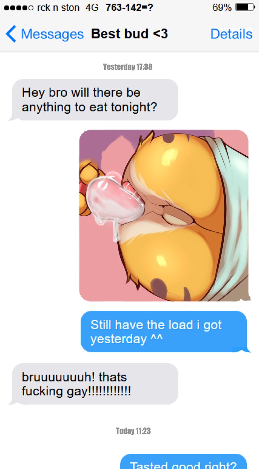 absurd_res anthro backsack balls bandai_namco bodily_fluids buttplug cum dialogue digimon digimon_(species) dripping excessive_cum excessive_genital_fluids gay genital_fluids genitals hi_res jarlium male male_only math orientation_play phone plug_(sex_toy) renamon sex_toy solo straight_to_gay text text_message texting