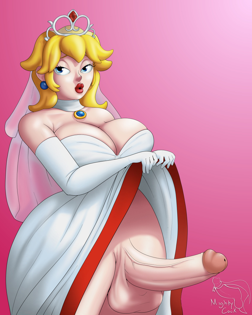 1futa balls big_breasts big_hips big_penis blonde_hair blue_earrings blue_eyes bottomless breasts bridal_veil clothed clothing dress dress_lift erection futa_bride futa_only futanari gradient_background human lifted_by_self light-skinned_futanari light_skin long_hair mario_(series) mightycock mostly_clothed nintendo penis pink_background princess_peach red_lipstick showing_penis simple_background solo standing super_mario_odyssey thick_thighs tiara wedding_peach_(super_mario_odyssey) wide_hips