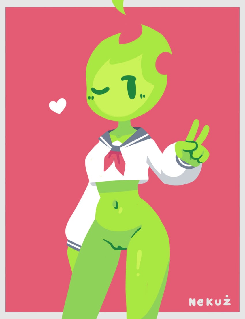 1girl bottomless clothed clothing elemental_creature female fire fire_creature fuku_fire genitals gesture heart hi_res humanoid midriff nekuzx one_eye_closed pussy serafuku simple_background solo undertale undertale_(series) v v_sign wink