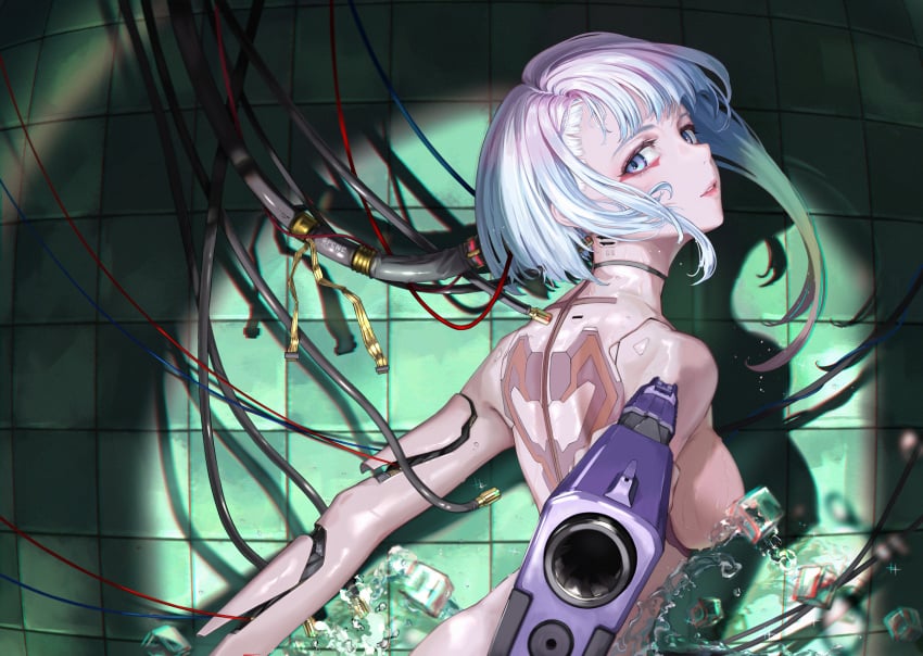 1girls bathroom breasts cd_projekt_red completely_nude convenient_censoring cybernetics cyberpunk:_edgerunners cyberpunk_2077 female female_only light-skinned_female looking_at_viewer looking_back lucyna_kushinada netflix nude nude_female sideboob studio_trigger tooku wet