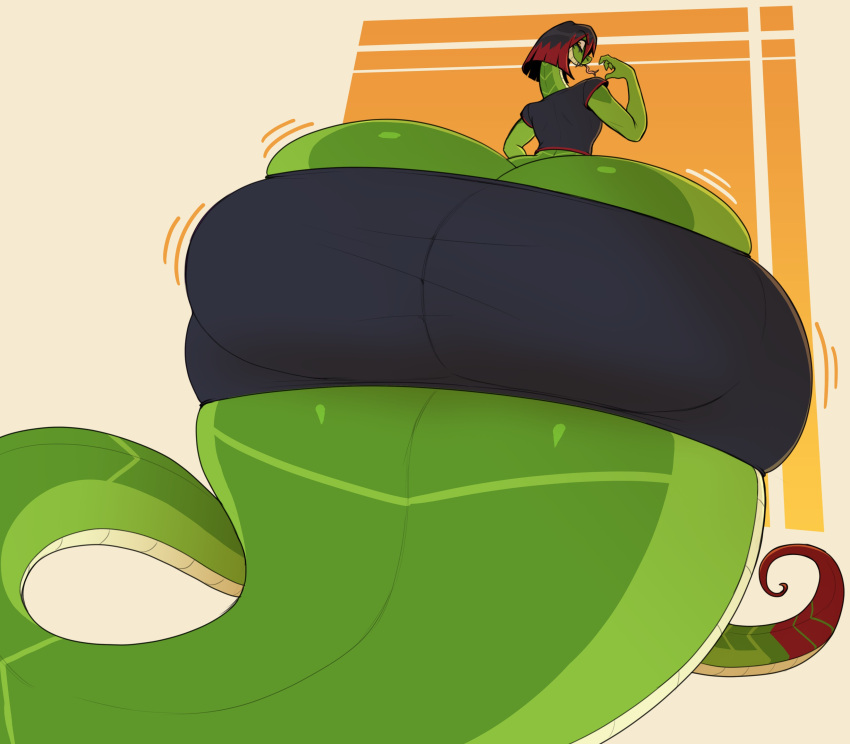 anthro ass ass_focus big_ass black_hair bubble_butt colossal_ass femboy gay gigantic_ass green_body green_skin huge_ass hyper hyper_ass large_ass male male_only massive_ass non-human red_hair reptile roboy_thor shorts snake snake_boy snake_tail thick_thighs thorstone tongue tongue_out wide_hips