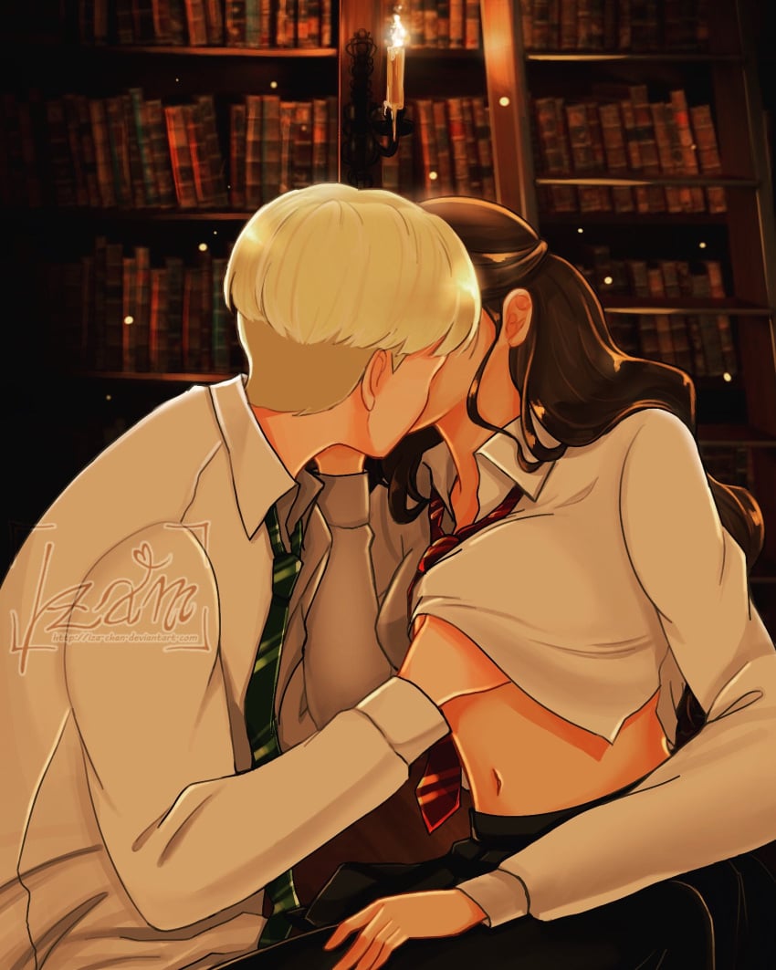 1boy 1girls black_clothing blonde_hair book bookshelf breast_grab brown_hair candle clothed_female clothed_male clothing deviantart draco_malfoy duo enemies_to_lovers fanon_couple female fully_clothed green_clothing groping gryffindor hair hand_on_face hand_on_head hand_on_leg hand_under_clothes hand_under_shirt hands harry_potter hermione_granger hogwarts holding human human_only indoors inter-house izam_w kissing library light-skinned_female light-skinned_male light_particles light_skin long_hair long_sleeves magic_user male midriff miniskirt navel necktie neckwear procreate_(software) red_clothing school school_uniform schoolboy schoolgirl shiny_hair shirt_lift shirt_up short_hair side_view signature sitting skirt sleeves slytherin striped_neckwear stripes tie uniform url white_clothing witch wizard