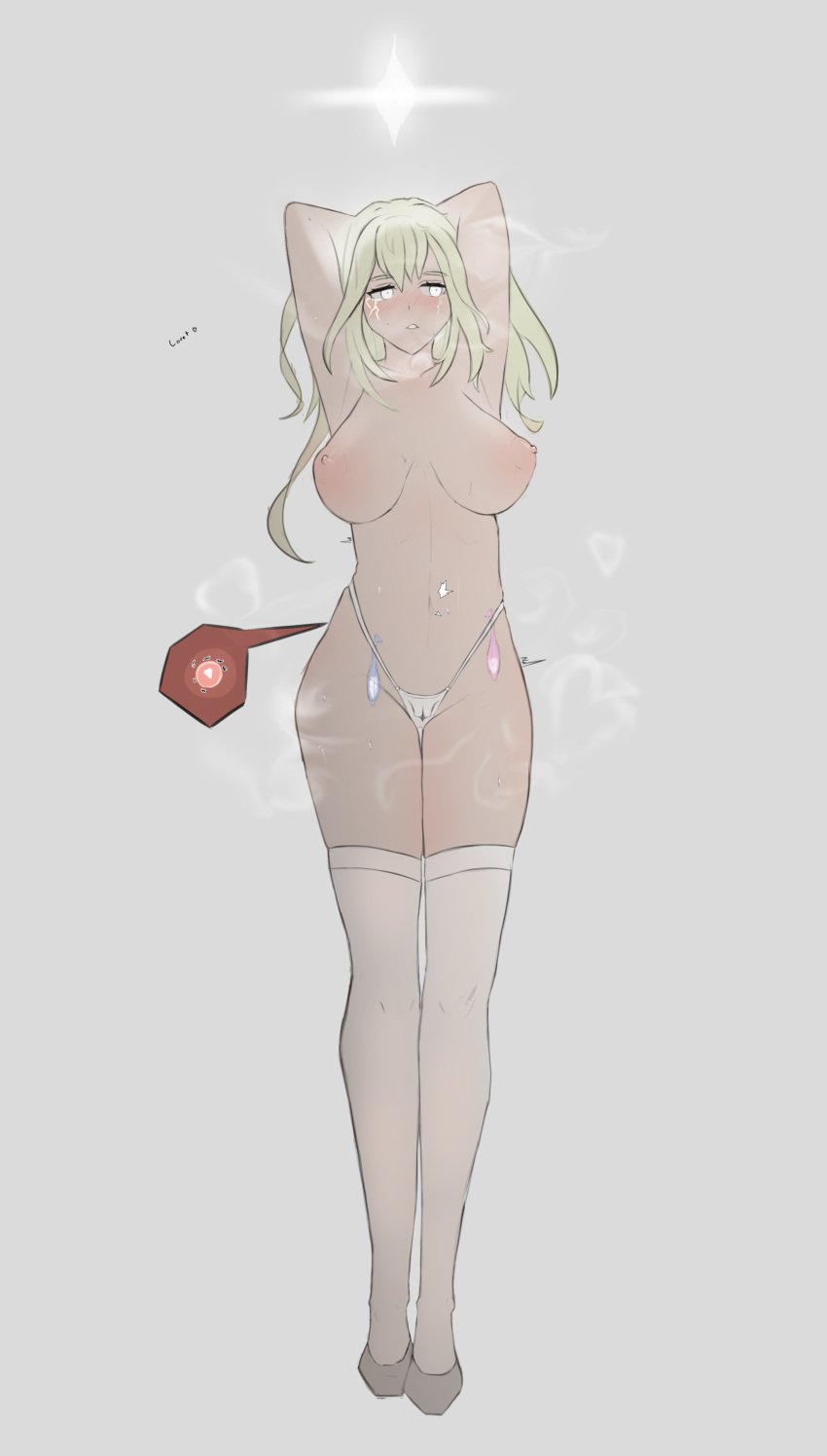 1girls armpits arms_up blonde_hair blush blushing breasts breasts_out canor_(deepwoken) condom condom_belt curvaceous curvy deepwoken embarrassed horny klaris_llfiend_(deepwoken) large_breasts long_hair lorett_loret ovulation partially_clothed roblox roblox_game self_upload solo_female steam tagme thighhighs white_eyes wide_hips