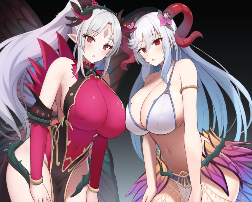 2girls alternate_costume asymmetrical_docking bare_midriff bare_thighs bikini breast_press breasts cleavage covered_navel fairy fairy_wings female female_only femsub fire_emblem fire_emblem_heroes flower freyja_(fire_emblem) grey_hair hair_flower horns huge_breasts hypnosis leaning_forward leotard long_hair looking_at_viewer midriff mind_control multicolored_hair multiple_girls multiple_subs navel nintendo nkksyu official_alternate_costume open_mouth pelvic_curtain plumeria_(fire_emblem) pointy_ears ponytail red_eyes sideboob swimsuit thick_thighs thighs very_long_hair white_bikini white_swimsuit wings