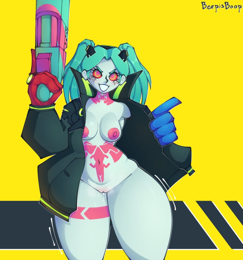 barely_clothed beepisboop big_hips bottom_heavy coat cyberpunk:_edgerunners cyberpunk_2077 gun nipples pussy pussy_juice rebecca_(edgerunners) revealing_clothes showing_off thick_thighs wet