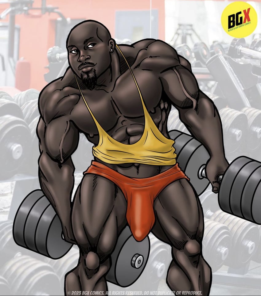 african african_male bgx_comics big_bulge big_cock bulge dark-skinned_male dark_skin erect_penis huge_bulge huge_cock huge_penis male male_only melanin muscles muscular muscular_male thong working_out