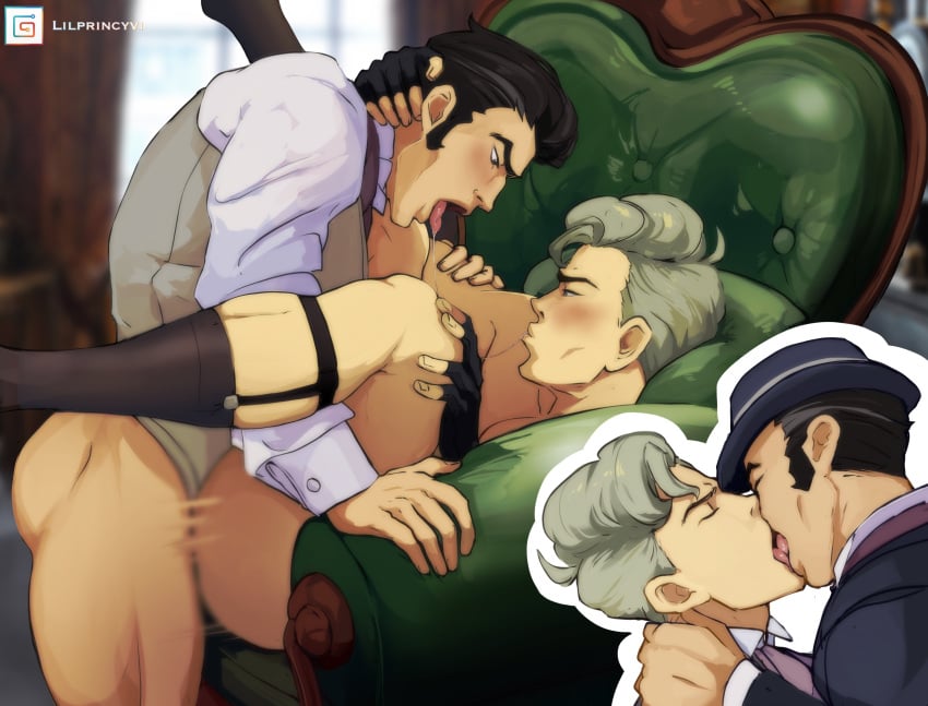 2boys anal anal_penetration anal_sex black_hair blonde_hair bottomless capcom dai_gyakuten_saiban easy_chair feet_out_of_frame fingerless_gloves gay gay_anal gay_kissing gay_sex gyakuten_saiban half_naked hand_in_hair hand_on_neck hat herlock_sholmes kissing lilprincyvi mikotoba_yuujin naruhodou_ryuunosuke necktie on_chair passionate_kiss saliva_drip sherlock_holmes_(gyakuten_saiban) sock_garters socks the_great_ace_attorney thrusting thrusting_into_ass tongue_kiss tongue_out yaoi yujin_mikotoba