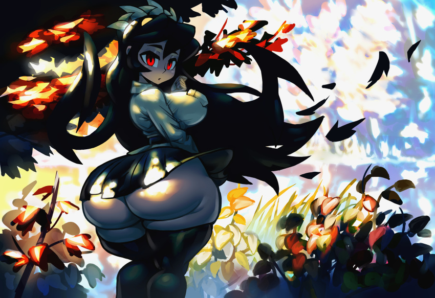 1girls big_ass big_breasts big_thighs black_hair bubble_ass bubble_butt digital_painting_(artwork) fat_ass fat_butt filia_(skullgirls) huge_ass huge_breasts large_ass leaves leaves_in_wind noonun red_eyes samson_(skullgirls) skullgirls thick thick_ass thick_thighs thighs thighs_together tree turned_around turning_around turning_head