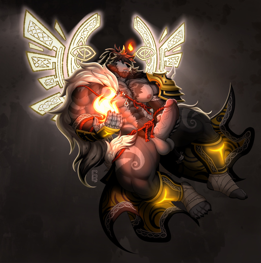 2023 abs absurd_res ankle_guards anthro arm_markings arm_tattoo axazu_(suzushinako) balls beard belt black_body black_fur body_hair chest_hair chest_tuft clothed clothed/nude clothing deity facial_hair felid fire foot_wraps fur genitals glowing glowing_wings grey_body grey_fur hair happy_trail hi_res horn leg_markings lion male male_focus male_only mammal mantle markings muscular muscular_anthro muscular_male nipples nude pantherine pecs penis ponytail rope rope_belt shoulder_guards solard0gg0 solo solo_male tattoo tuft vein veiny_penis watermark wings wraps wrist_guards